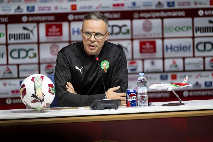 Morocco's national team coach Mohamed Wahbi speaks during a press conference