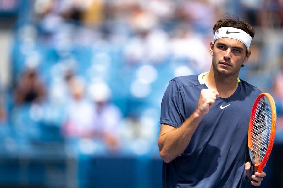 Taylor Fritz reacts to scoring a point against Jiri Lehecka