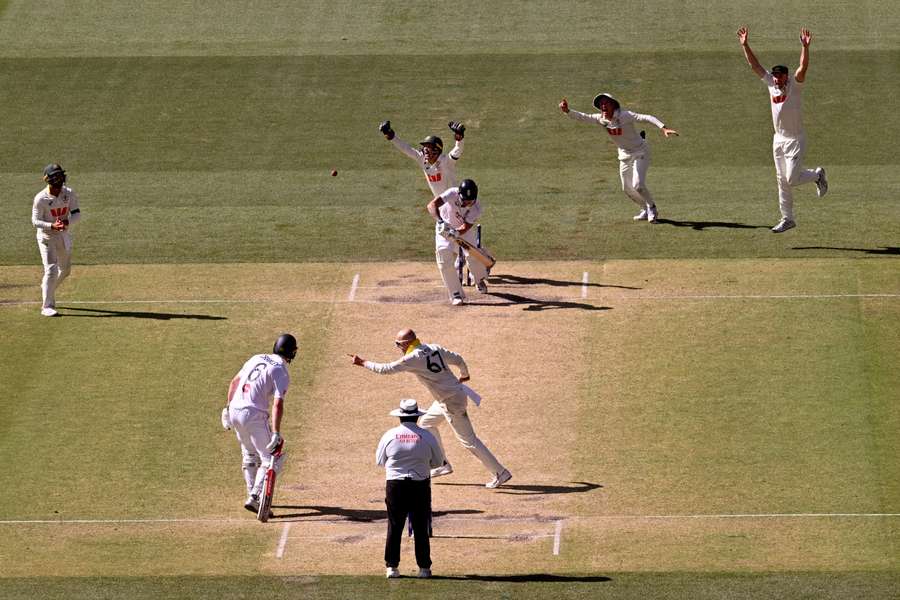 Nathan Lyon wheels away in celebration after dismissing England captain Ben Stokes on Saturday. 