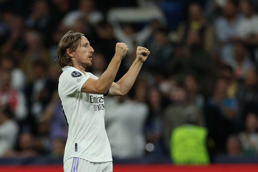 Luka Modric juicht na zijn Champions League-doelpunt tegen Celtic