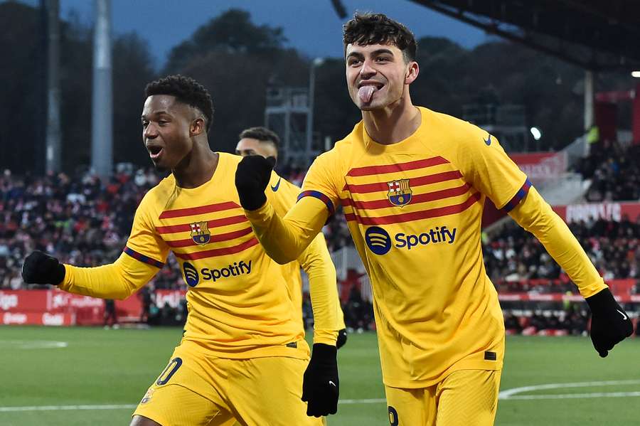 Barcelona's Spanish midfielder Pedri celebrates scoring the winner