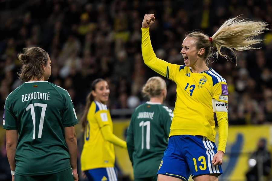 Amanda Ilestedt celebrates scoring Sweden's tenth