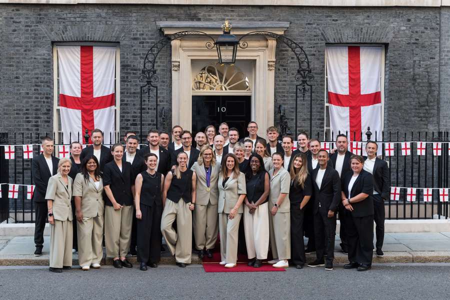 The England women's squad and coaching staff outside Downing Street after retaining the European Championship The England women's squad and coaching staff outside Downing Street after retaining the European Championship