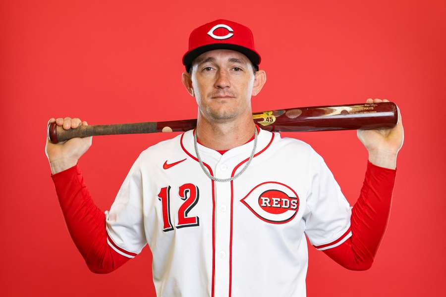 Cincinnati Reds outfielder Austin Hays posing for team photo day. (February 2025)