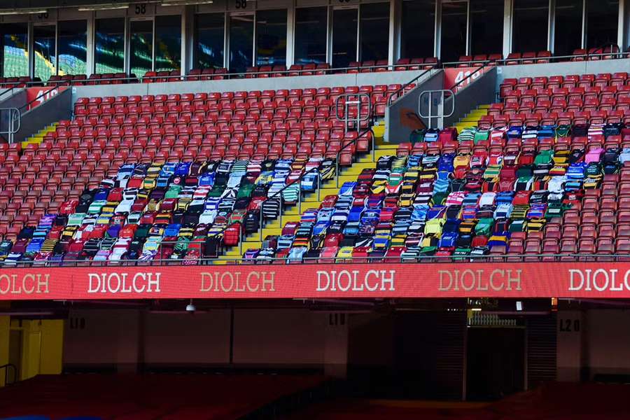 Welsh rugby club shirts on display in the stands before the match