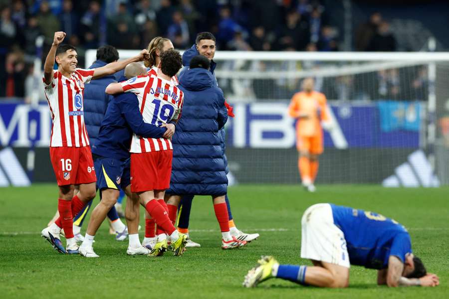 Atletico Madrid's Julian Alvarez celebrates scoring with teammates
