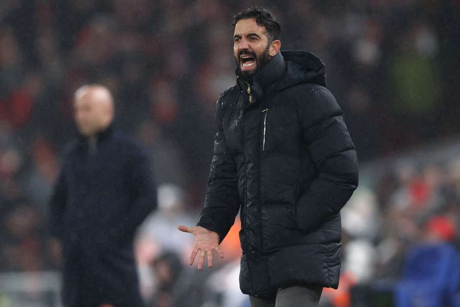 Man Utd head coach Ruben Amorim gestures on the touchline against Liverpool