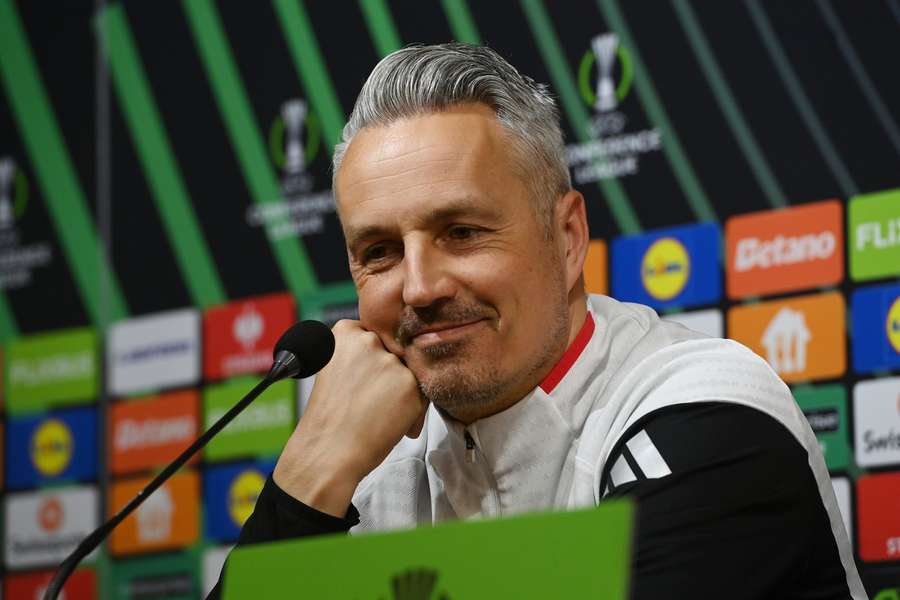 Trenér Olomouce Tomáš Janotka na tiskové konferenci před zápasem s Mohučí.