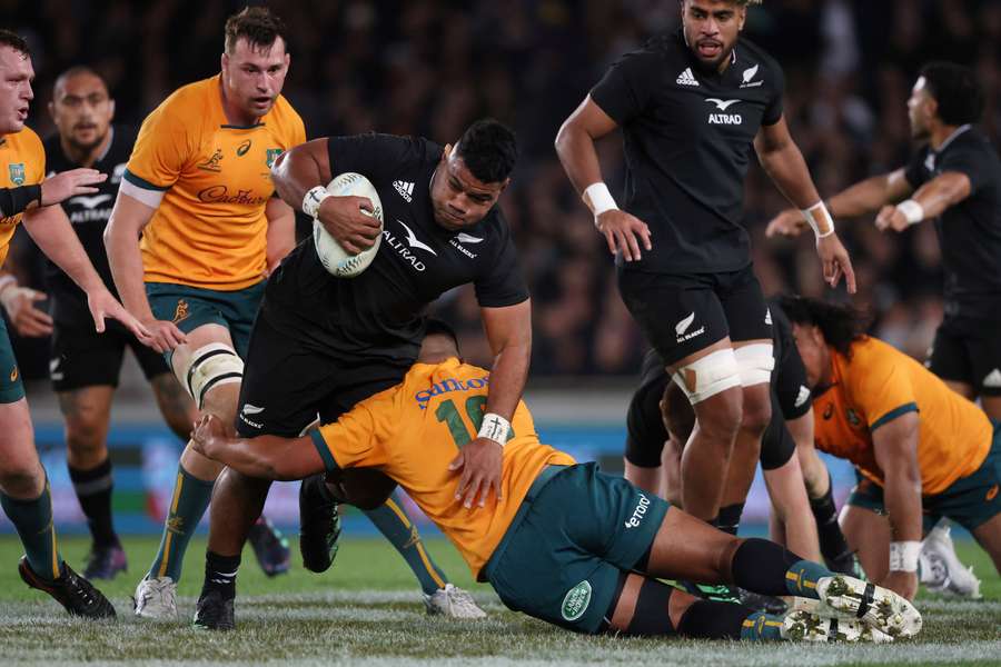 New Zealand’s Samisoni Taukei’aho is tackled during the test match against Australia at Eden Park, Auckland.