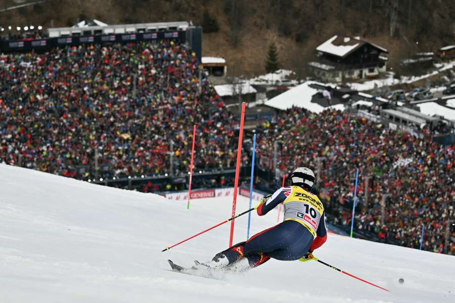 Britain's Dave Ryding competes in the second run of the Men's Slalom event of the Saalbach 2025 FIS Alpine World Ski Championships in Hinterglemm
