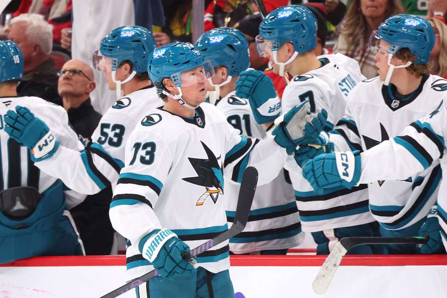 San Jose Sharks Tyler Toffoli celebrating with teammates after scoring a goal