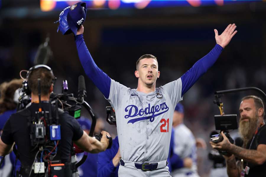 Los Angeles Dodgers starting pitcher Walker Buehler celebrating after forcing the final out in the 2024 World Series