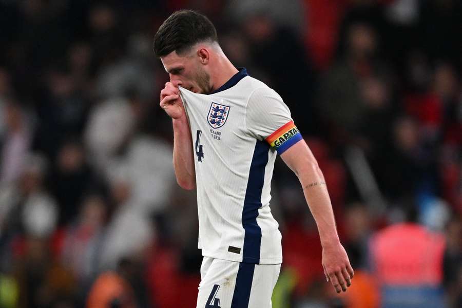 Declan Rice reacts to England's defeat against Iceland at Wembley