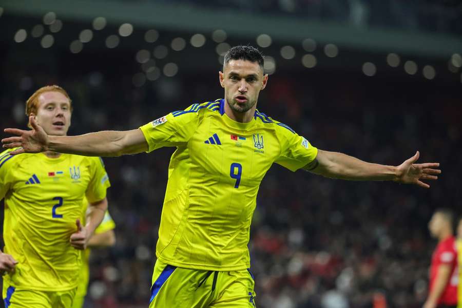 Yaremchuk celebrates his most recent international goal in November 2024