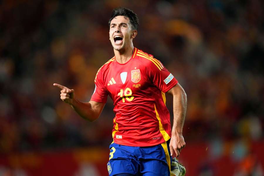 Spain's Martin Zubimendi celebrates after scoring