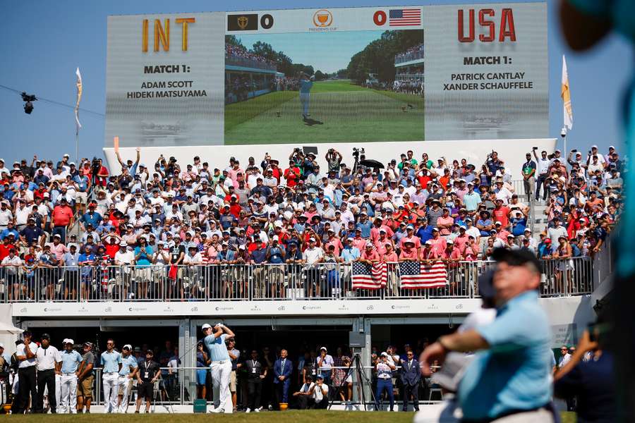 Patrick Cantlay of the United States Team plays his shot from the first tee on day one of the 2022 Presidents Cup