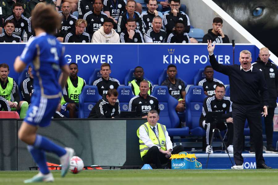 Leicester City's English manager Dean Smith reacts during the English Premier League football match between Leicester City and West Ham United
