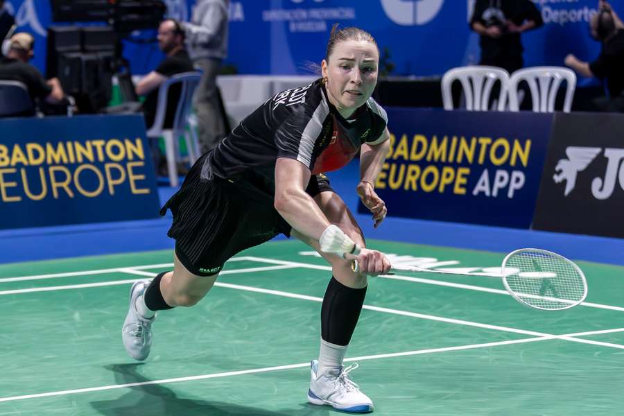 Denmark's Line Hojmark Kjaersfeldt in action against Scotland's Kirsty Gilmour 