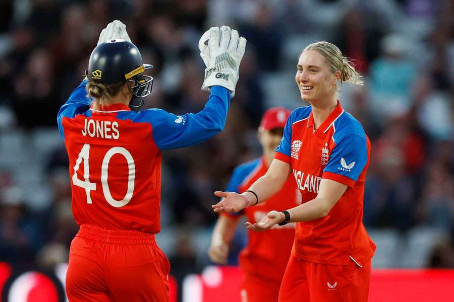 England's Freya Kemp celebrates with Amy Jones after taking the wicket of Sri Lanka's Chamari Athapaththu England's Freya Kemp celebrates with Amy Jones after taking the wicket of Sri Lanka's Chamari Athapaththu