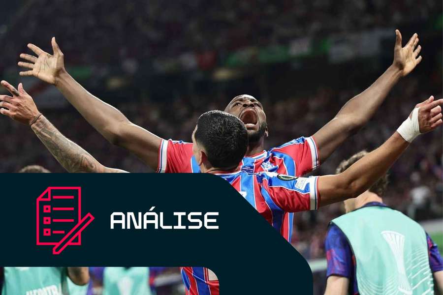 Jean-Philippe Mateta, do Crystal Palace, comemora o golo na final da Liga Conferência Jean-Philippe Mateta, do Crystal Palace, comemora o golo na final da Liga Conferência