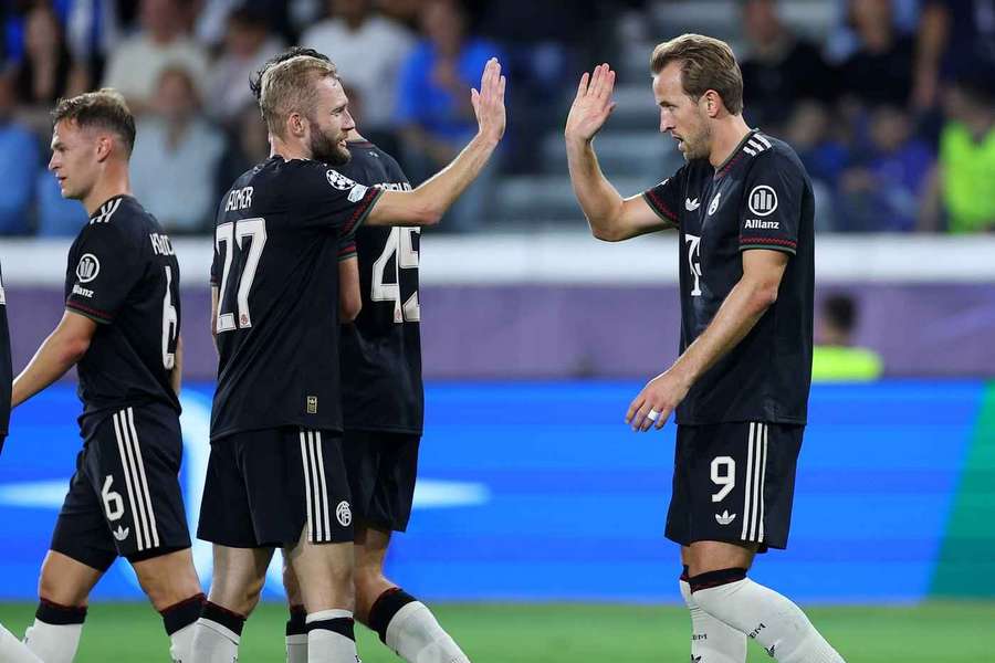 Harry Kane celebrates scoring for Bayern Munich