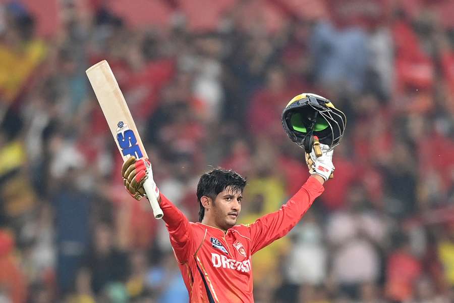 Punjab Kings' Priyansh Arya celebrates after scoring a century