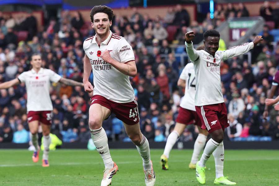 Declan Rice celebrates after scoring Arsenal's second goal against Burnley