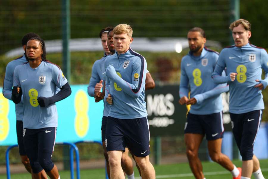 Lewis Hall, centre, trains with the England squad ahead of their Nations League match against Czech Republic on Tuesday