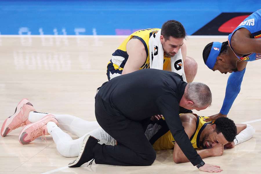 Pacers star Tyrese Haliburton exits NBA Finals Game 7 after brutal injury