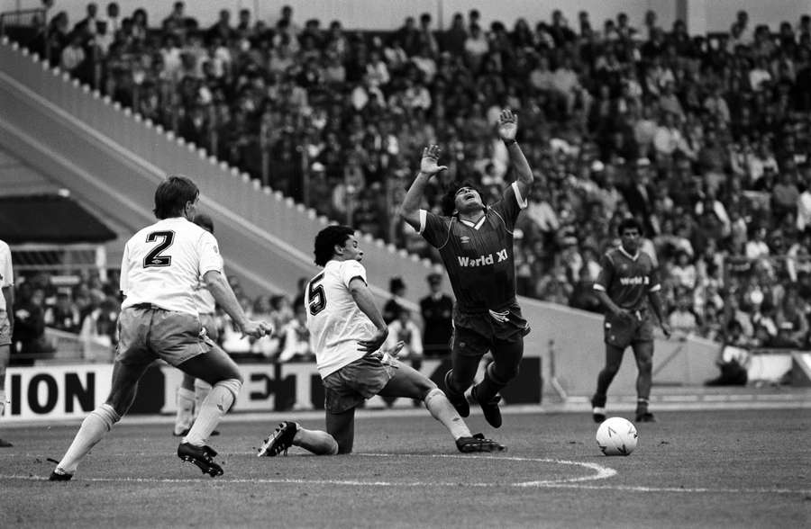 Diego Maradona in action during the Football League v Rest of the World match