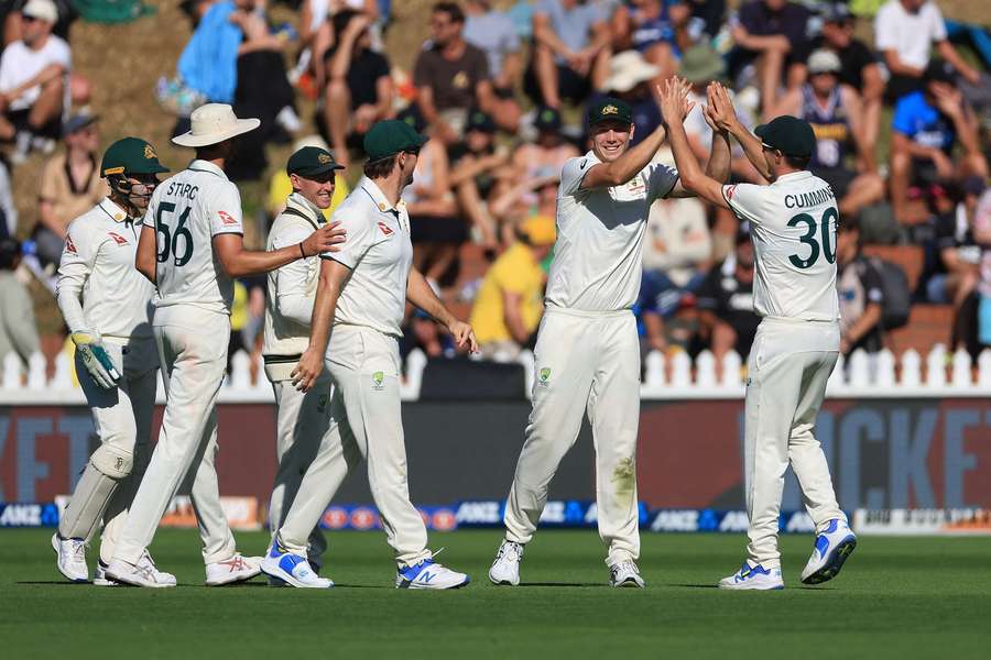 Australia celebrate another New Zealand wicket in the first Test