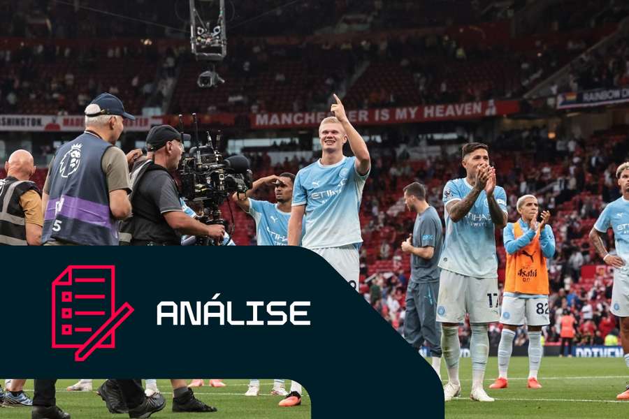 O goleador Erling Haaland celebra a vitória do City frente ao Manchester United O goleador Erling Haaland celebra a vitória do City frente ao Manchester United