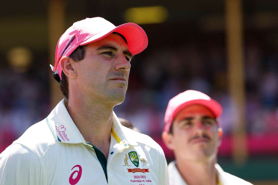 Pat Cummins looks on during the trophy presentations after day three of the fifth Test match against India in January