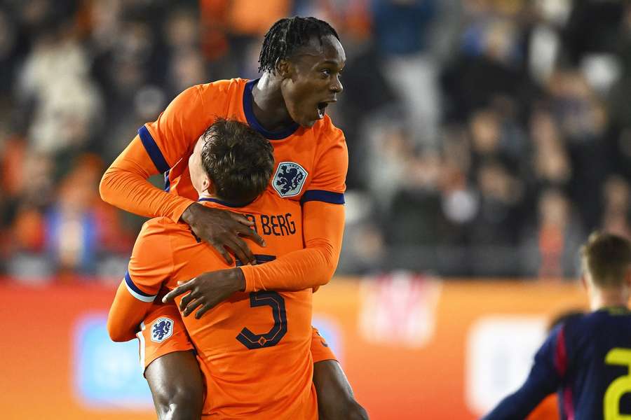 Emmanuel Emegha celebrates scoring a goal with team-mate Rav van den Berg Emmanuel Emegha celebrates scoring a goal with team-mate Rav van den Berg