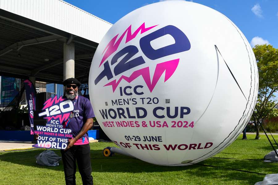 West Indies great Chris Gayle at a ceremony in February to mark 100 days until the start of the 2024 T20 World Cup