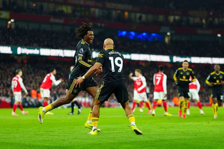 Man Utd's Patrick Dorgu celebrates scoring against Arsenal