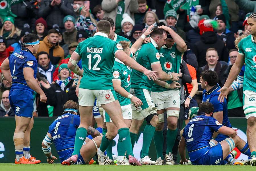 Ireland's Jack Conan celebrates scoring a try against Italy