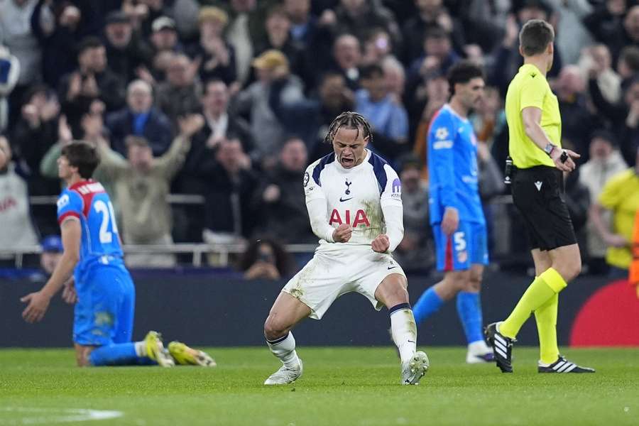 Tottenham's Xavi Simons celebrates a goal against Atletico Madrid