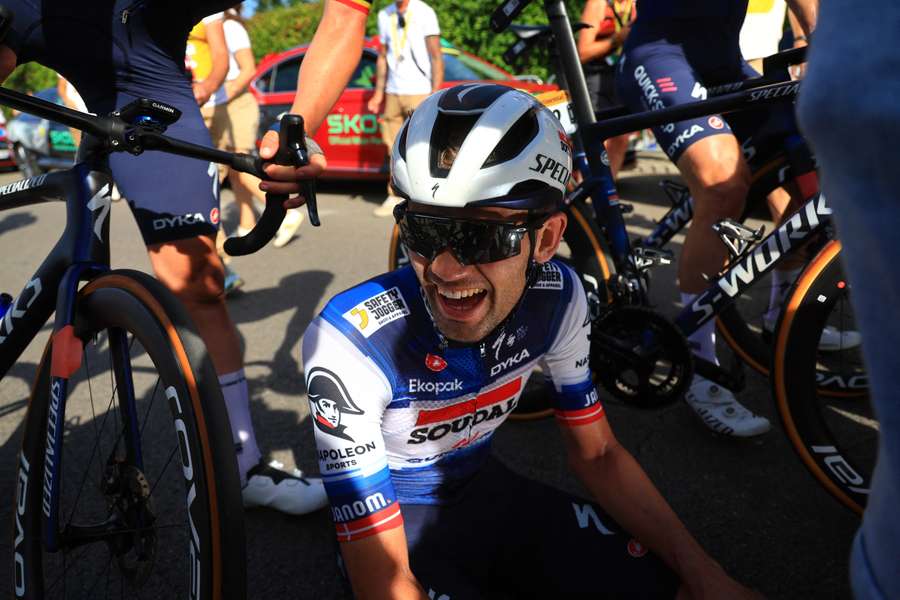 Kasper Asgreen sinks to the floor after his effort to win the stage