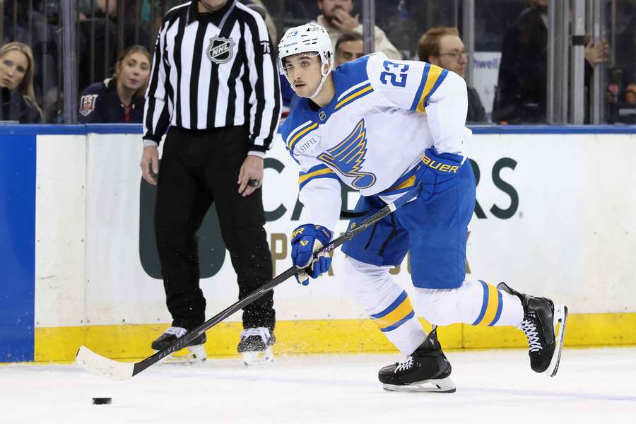 St. Louis Blues' Logan Mailloux skates with the puck (2025) St. Louis Blues' Logan Mailloux skates with the puck (2025)