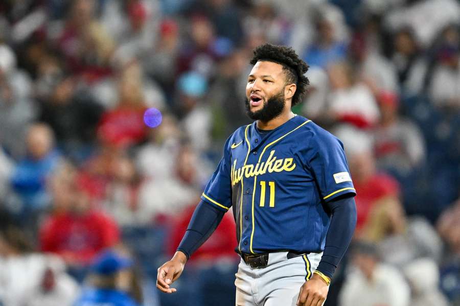 Brewers' Jackson Churio reacts during game against Philadelphia Phillies Brewers' Jackson Churio reacts during game against Philadelphia Phillies
