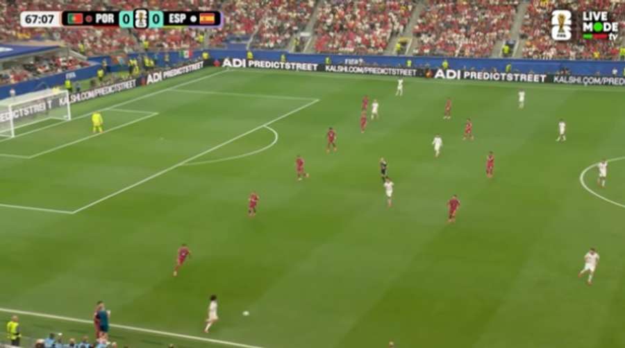 Portugal em 6-4-0 com 2 jogadores espanhois livres entre linhas