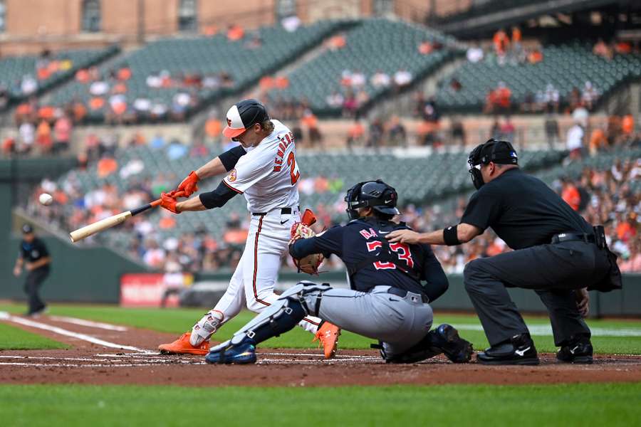 Baltimore Orioles shortstop Gunnar Henderson (2) hits a two-run home run against the Cleveland Guardians