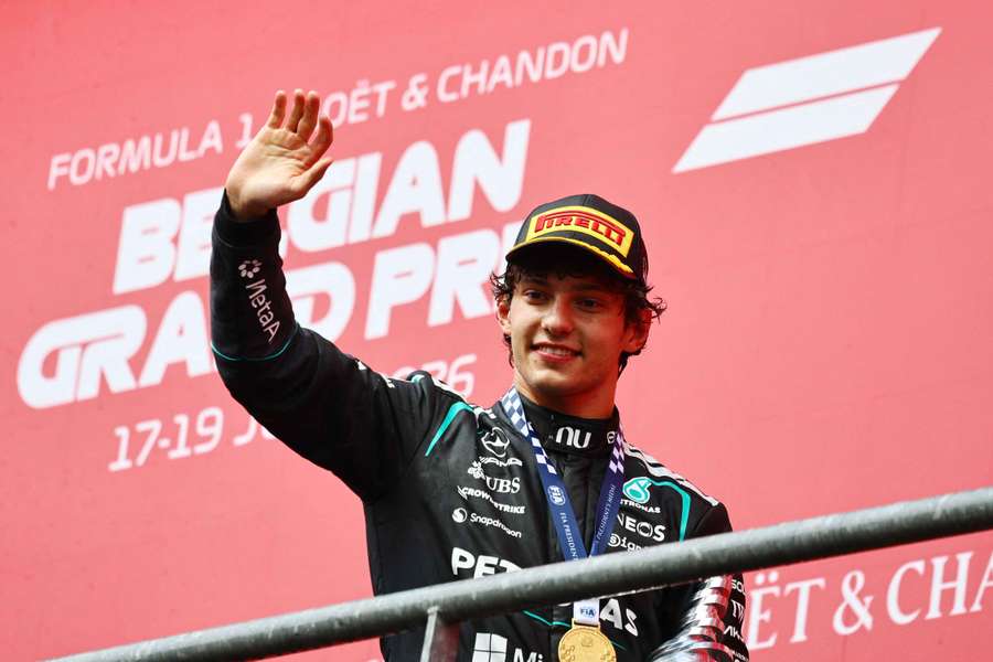 Mercedes' Kimi Antonelli celebrates with a trophy on the podium after winning the Belgian Grand Prix Mercedes' Kimi Antonelli celebrates with a trophy on the podium after winning the Belgian Grand Prix