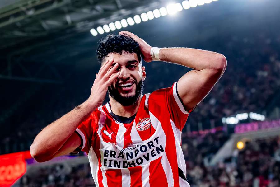 PSV's Ismael Saibari celebrates putting his team in front against sc Heerenveen