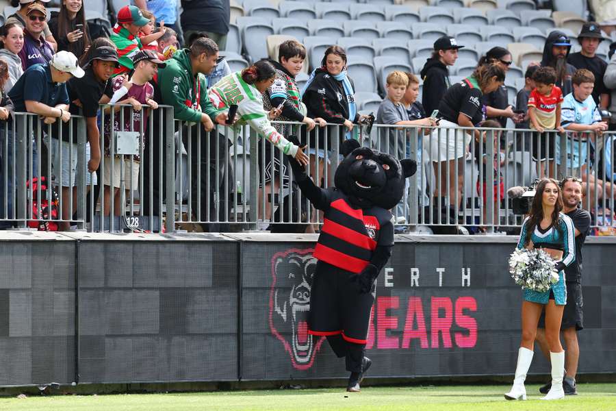 Perth Bears mascot Kodi greets supporters at Optus Stadium. Perth Bears mascot Kodi greets supporters at Optus Stadium.