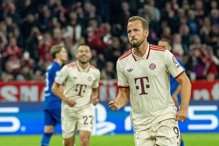 Harry Kane celebrates scoring for Bayern Munich