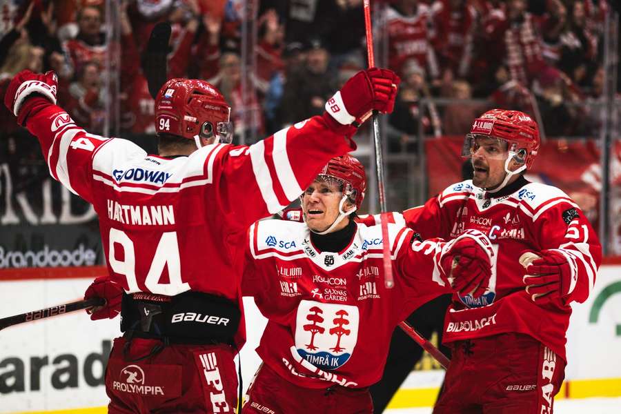 Timra celebrate Sebastian Hartmann's goal which clinched victory Timra celebrate Sebastian Hartmann's goal which clinched victory