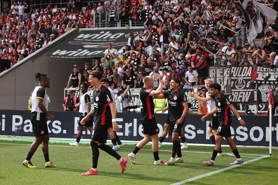 Frankfurt's players celebrate their second goal