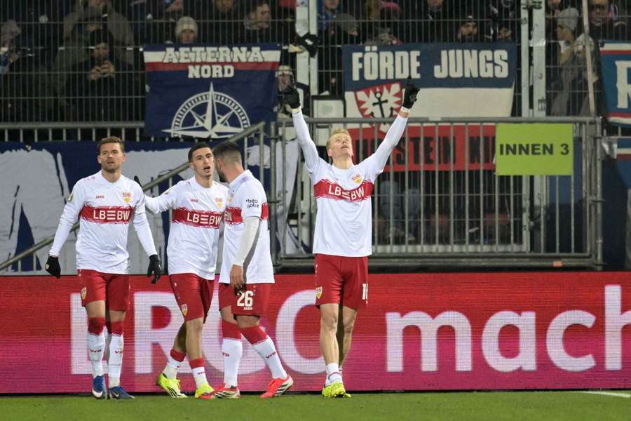 Stuttgart's Chris Fuhrich celebrates scoring their second goal